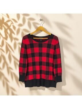 Lands' End Sweater Pullover Women L Large Red Plaid Knit Long Sleeve Cotton